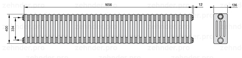 Схема (чертеж) Радиатор Zehnder Charleston 4040/36 №1270 Белый глянцевый RAL 9016